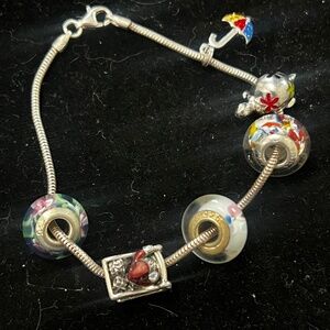 Sterling Silver 925 Charm Bracelet with Colorful Murano Glass Beads and Charms